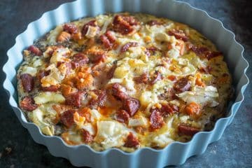 Frittata met geitenkaas, chorizo, champignons en zoete aardappel | Foodaholic.nl